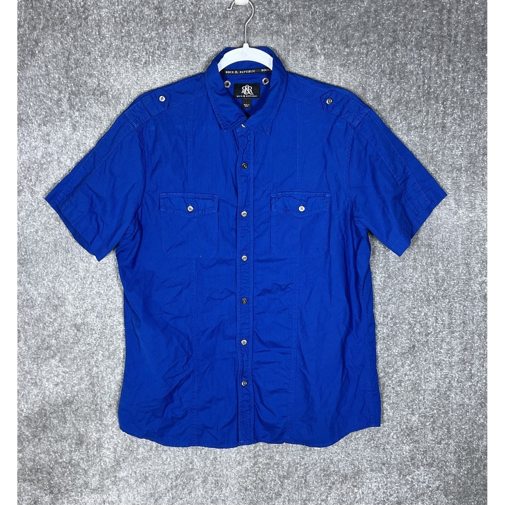 Rock & Republic Shirt Mens Size L Blue Button Up Short Sleeve Pockets Epaulette